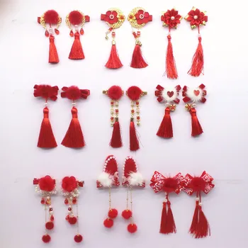 1 пара детских украшений красного цвета в китайском стиле с цветами/бантами/кроликом, антикварная заколка для волос, прекрасный головной убор принцессы с кисточками для девочек