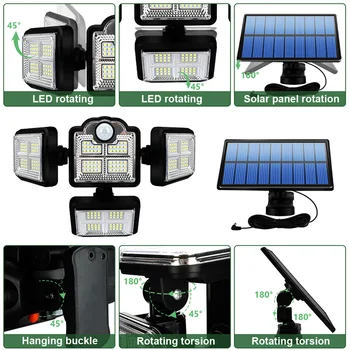 198 светодиодных солнечных ламп с 4 головками, наружный 10000ЛМ настенный светильник с датчиком движения на солнечной батарее IP67, водонепроницаемое ландшафтное охранное освещение