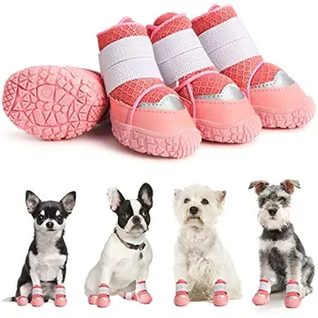 4 шт. Розовая обувь для маленьких собак, зимние ботинки для собак с горячим покрытием, дышащие с регулируемыми ремнями, противоскользящая подошва