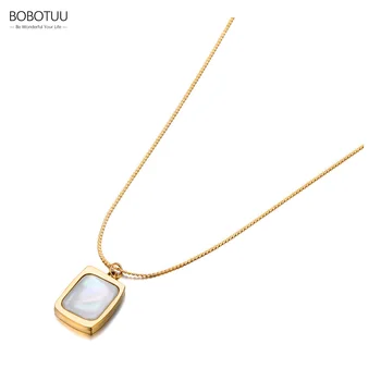 BOBOTUU Модные ожерелья с квадратной подвеской в виде белой раковины для женщин и девочек, Титановое колье из нержавеющей стали, ювелирные изделия BN21163