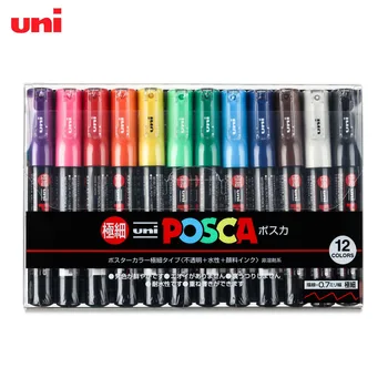 Uni Posca PC-1M Набор из 12 Цветов, Маркеры для Рисования, 0,7 мм Сверхтонкие Ручки для Рисования для Поделок, Холст, Рок-Карты
