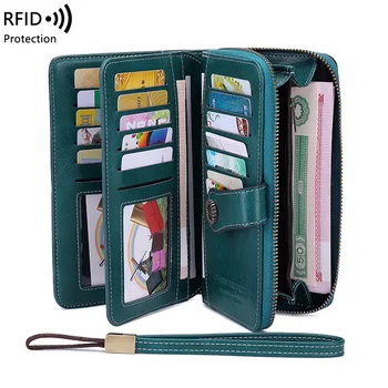 Высококачественный женский кошелек RFID, противоугонные кожаные кошельки для женщин, большая женская сумка-клатч на длинной молнии, женский кошелек, держатель для карт