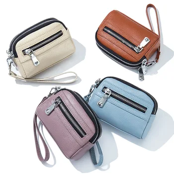 Женская мини-сумка-кошелек из воловьей кожи большой емкости на двойной молнии, многофункциональная сумочка, сумка для монет, сумочка