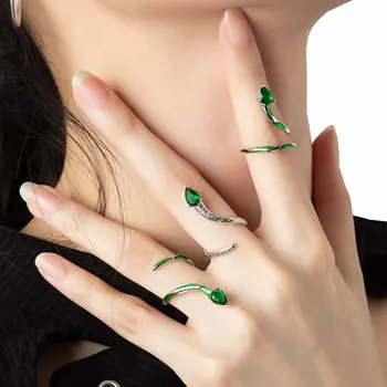 Индивидуальное кольцо в виде змеи для женщин, преувеличенные зеленые кольца с искусственными драгоценными камнями, Серебряные модные открывающиеся регулируемые кольца в Корейском стиле