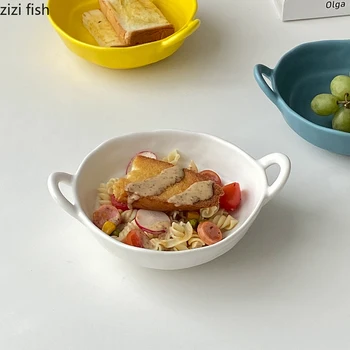 Керамическая тарелка для закусок неправильной формы, салатница, чаша для супа с двойной ухой, домашняя кухня, однотонные столовые приборы, тарелка для выпечки, хлеба