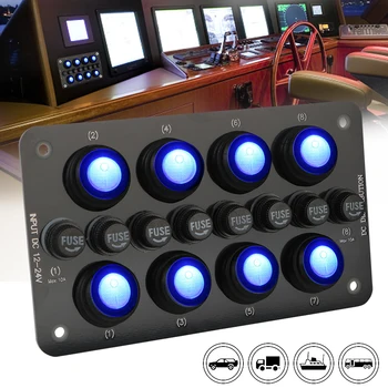 Кнопка Включения/выключения панели переключателей с синей светодиодной подсветкой, Водонепроницаемый автоматический выключатель на 8 групп 12 ~ 24 В, Сменный держатель предохранителя