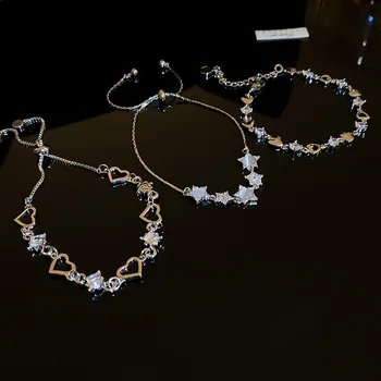 Корейские женские Новые Циркониевые браслеты в форме сердца и звезды, Изящные Аксессуары, Браслет с подвесками из опалового камня, украшенный кристаллами, Подарки на День рождения