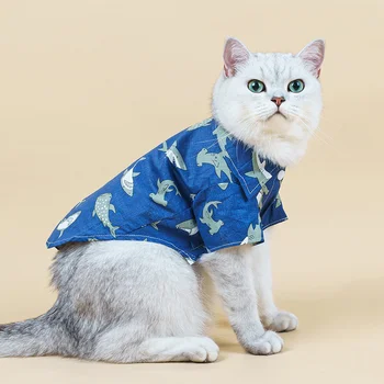 Костюм для домашних животных, одежда для кошек, летняя новая одежда для кошек, хлопковая рубашка с принтом акулы, одежда для домашних животных, рубашка для маленьких кошек, пальто для маленьких средних
