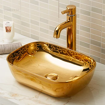 Легкие роскошные круглые раковины для ванной комнаты, современная сантехника, домашний керамический умывальник, золотая раковина для мытья унитаза над умывальником.