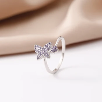 Модное фиолетовое открывающееся кольцо в форме бабочки, маленькое изысканное женское романтическое кольцо