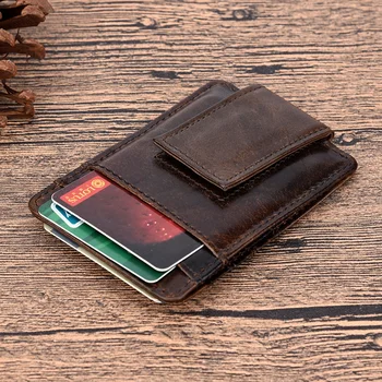Мужской Тонкий кошелек из натуральной кожи с небольшим держателем для карт, повседневный масляный воск, винтажный мужской кошелек из воловьей кожи, карман для монет, зажимы для кредитных карт