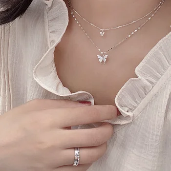 Новое Корейское ожерелье с бабочкой блестящего серебристого цвета, изысканные двухслойные ожерелья-цепочки на ключицах для женщин, колье, подарки, ювелирные изделия