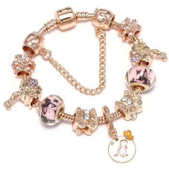 Новый браслет с динозаврами и бабочками цвета розового золота, оригинальные браслеты из хрустальных цветочных бусин для женщин и девочек