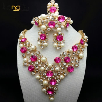 Оформление LQ Нигерийская свадьба Розовые хрустальные камни Африканские бусы Комплект ювелирных изделий для женщин Элегантное Дубайское ожерелье и серьги