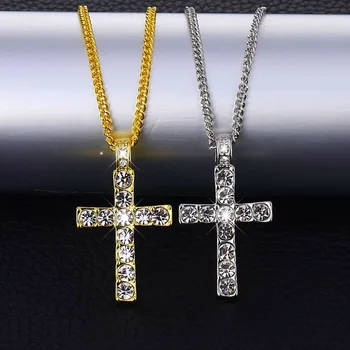 Хип-хоп, покрытое льдом Золотое ожерелье с крестом, мужское религиозное ожерелье с кристаллом AAA, циркон, распятие, мужское ожерелье, цепочка, ювелирные изделия для рэперов