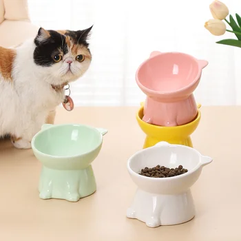 Миска для кошек Керамическая, предотвращающая опрокидывание, миска для кошачьего корма, Наклонная Высокая миска, миска для кошачьей воды, защищающая шейку рисовой чаши.